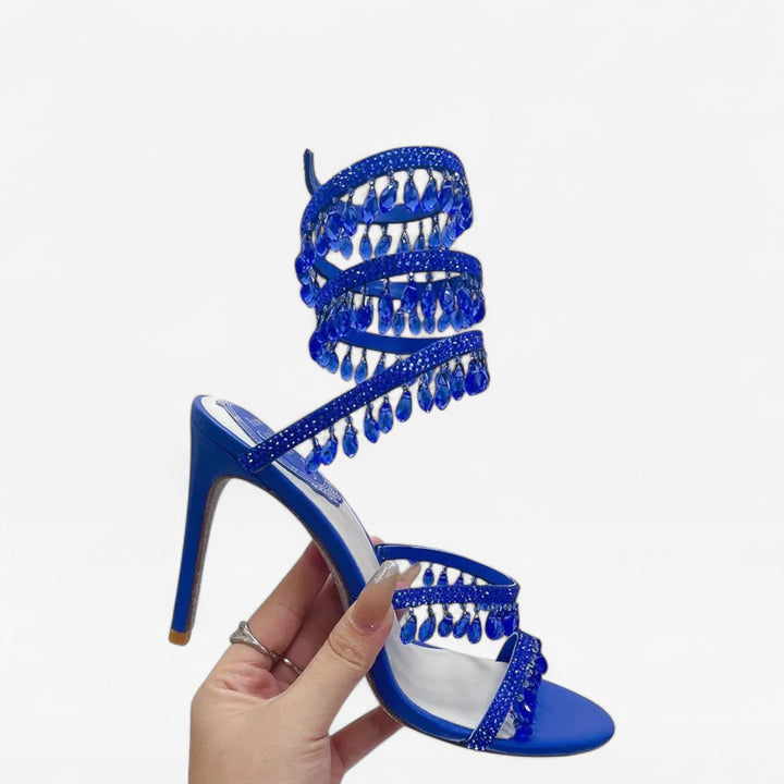 Women's sparkling strappy high heel sandals, versatile for evening parties, weddings & formal wear.