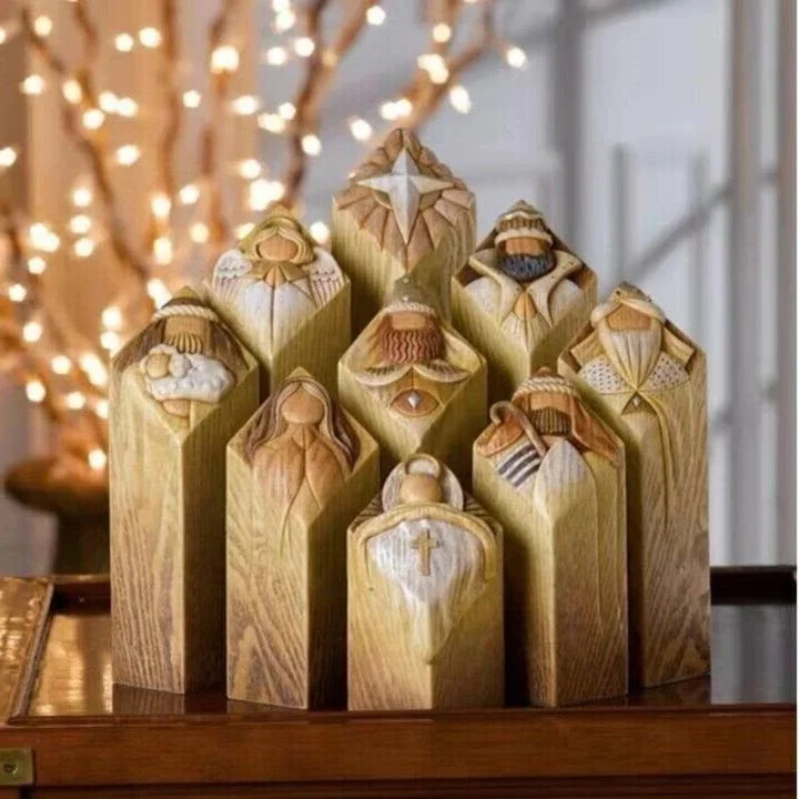 9pc Heaven Nativity Pillar Statues set, resin figures for Christmas decor. Elegant holiday religious display.
