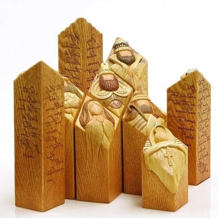 Detailed 9-piece Nativity pillar statues, resin Christmas figures for spiritual home decor and holiday display.
