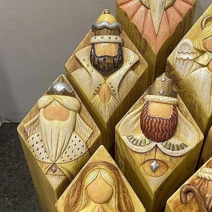 Mary, Joseph, Baby Jesus, and other figures from the 9pc Nativity pillar statues, resin Christmas decor.