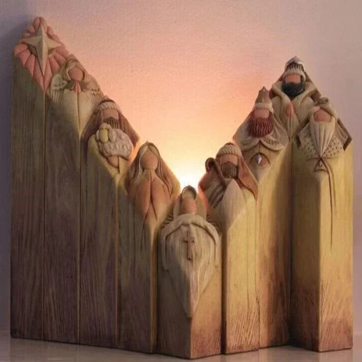 Elegant resin 9pc Heaven Nativity pillar statues set. Durable and detailed Christmas figures for holiday decor.