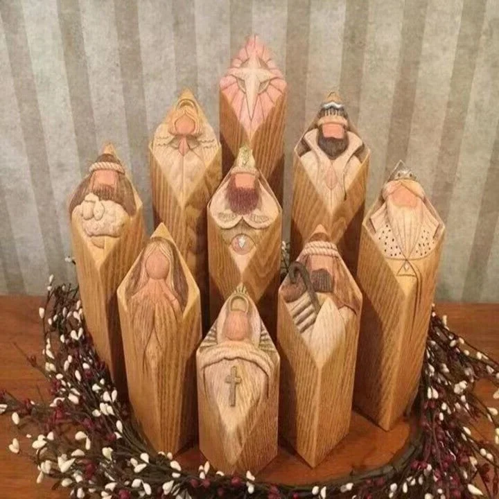 Inspiring Heaven Nativity pillar statues. 9pc religious Christmas figures, ideal for meaningful holiday decor.