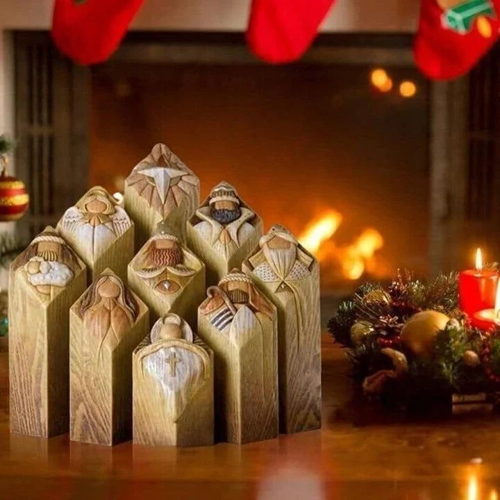 Complete 9-piece Nativity pillar statue set. Beautiful resin figures for Christmas, a timeless holiday collectible.