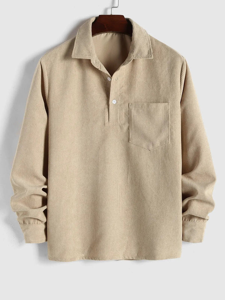 Classic men's long-sleeve camp collar shirt, versatile for casual fashion. Features a stylish chest pocket.