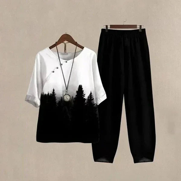 Soft, comfortable women's shirt & trouser set. Relaxed fit two-piece for chic spring & summer casual wear, easy style.