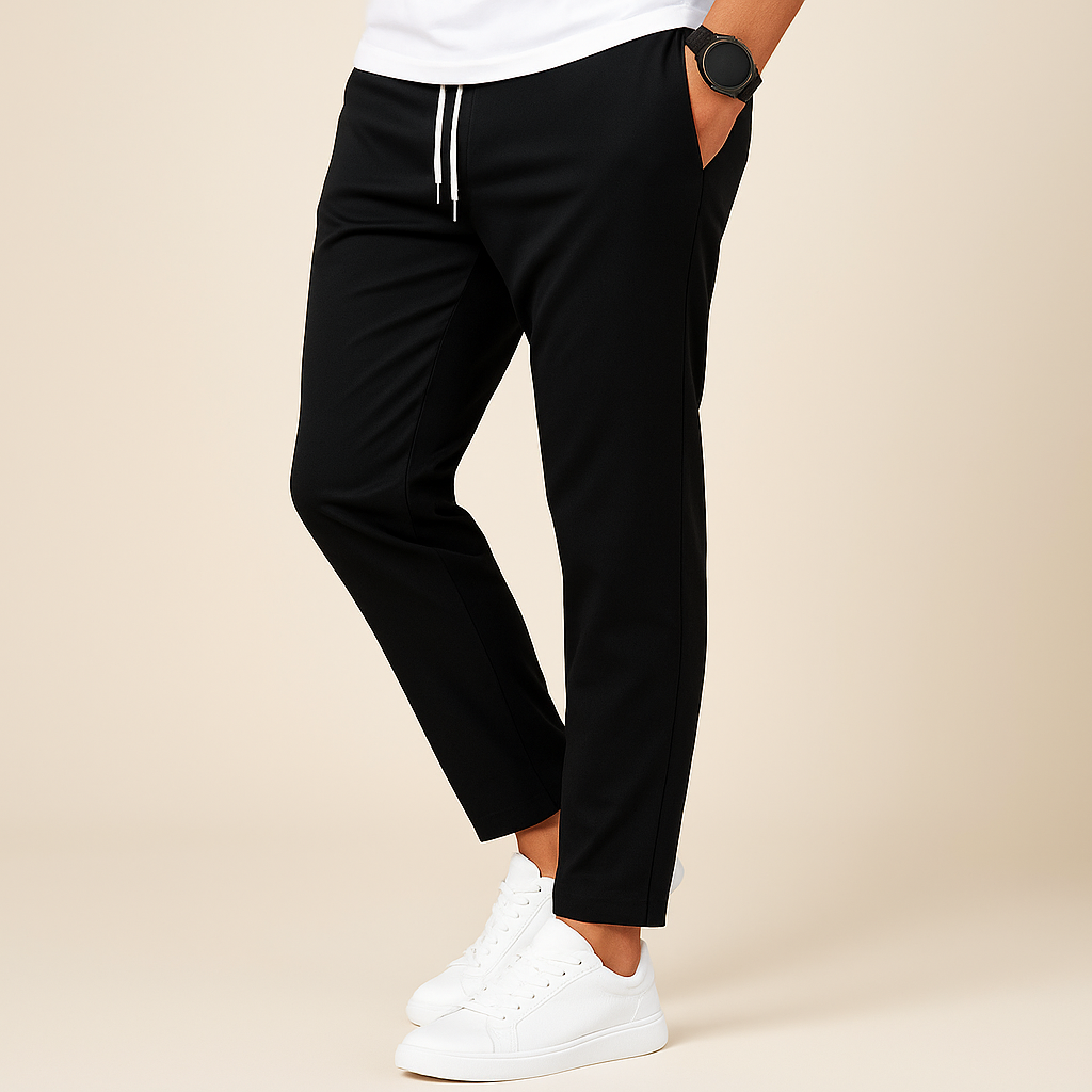 Modern men's slim fit drawstring pants, offering exceptional comfort and sleek style for all-season casual wear.