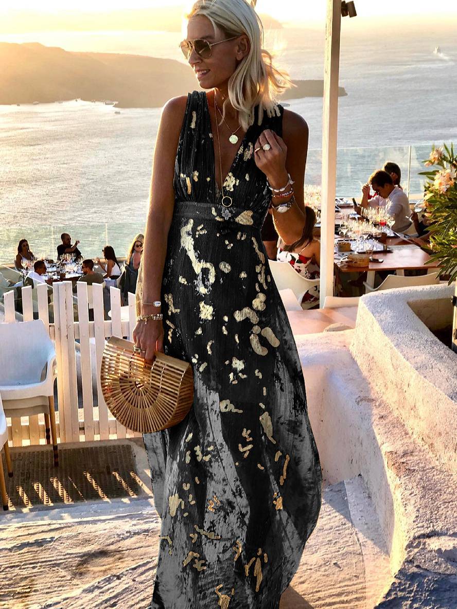 Shimmering bronze sequin V-neck long dress, a luxurious evening or party dress for women.