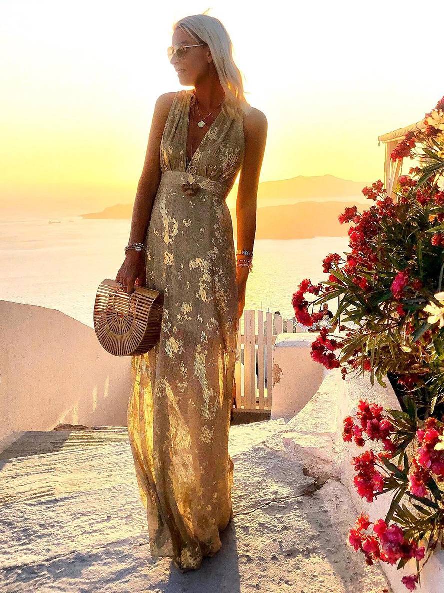 Glamorous bronze sequin V-neck long dress for women, ideal for formal events, parties & celebrations.