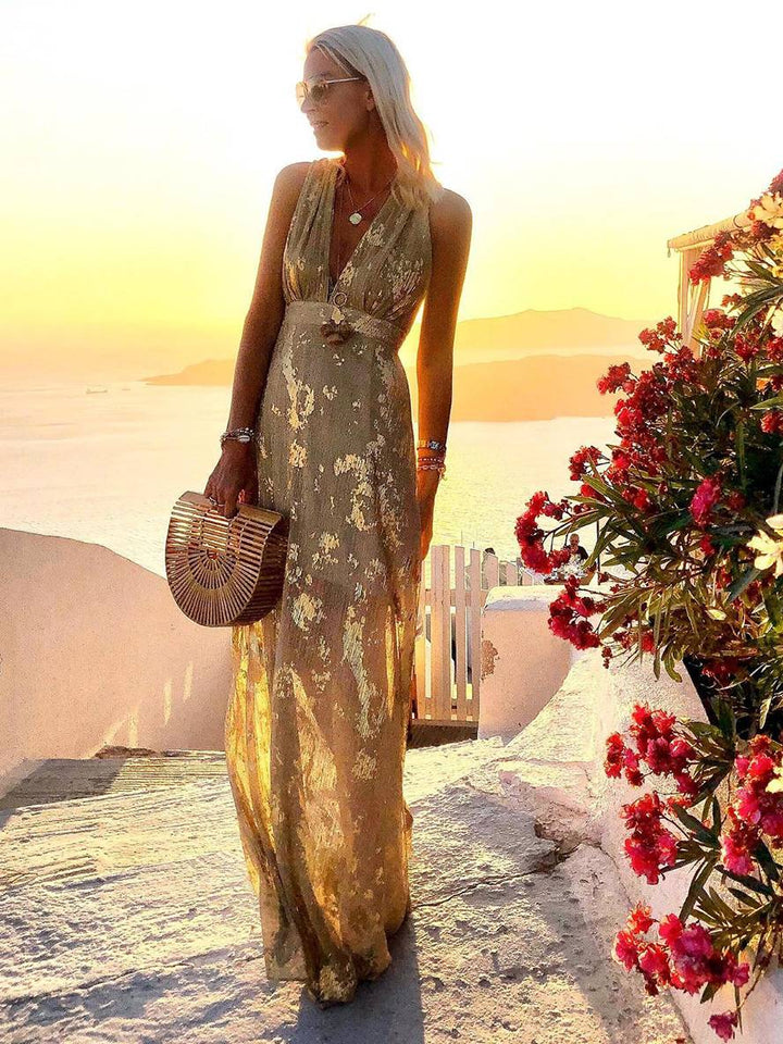 Glamorous bronze sequin V-neck long dress for women, ideal for formal events, parties & celebrations.