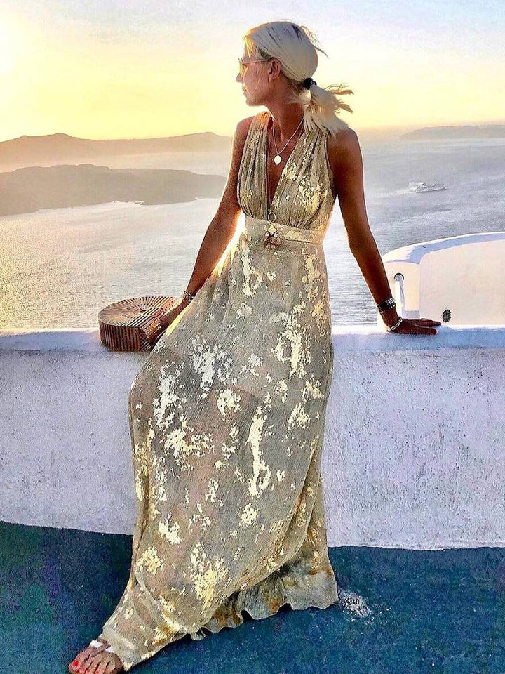 Dazzling bronze sequin V-neck sleeveless long dress for women, a chic formal evening gown.