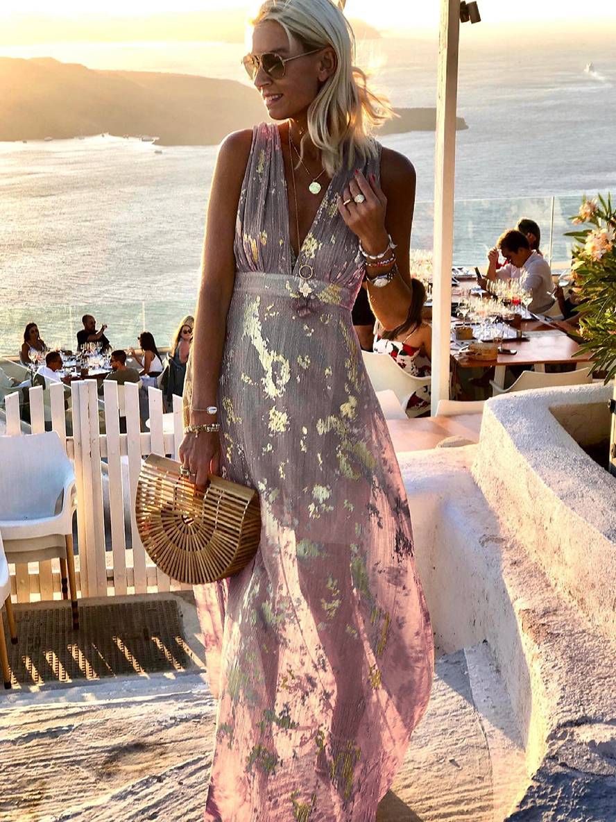 Formal bronze sequin V-neck long dress for women, dazzling party wear with elegant glitter detail.