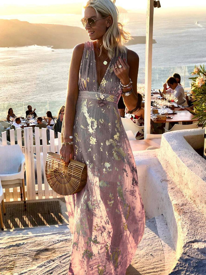 Formal bronze sequin V-neck long dress for women, dazzling party wear with elegant glitter detail.