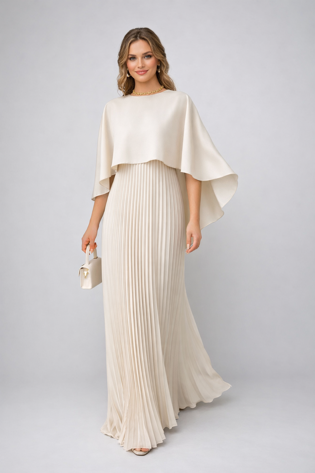 Elegant women's high neck pleated maxi dress with relaxed fit, perfect for formal events & wedding guests.
