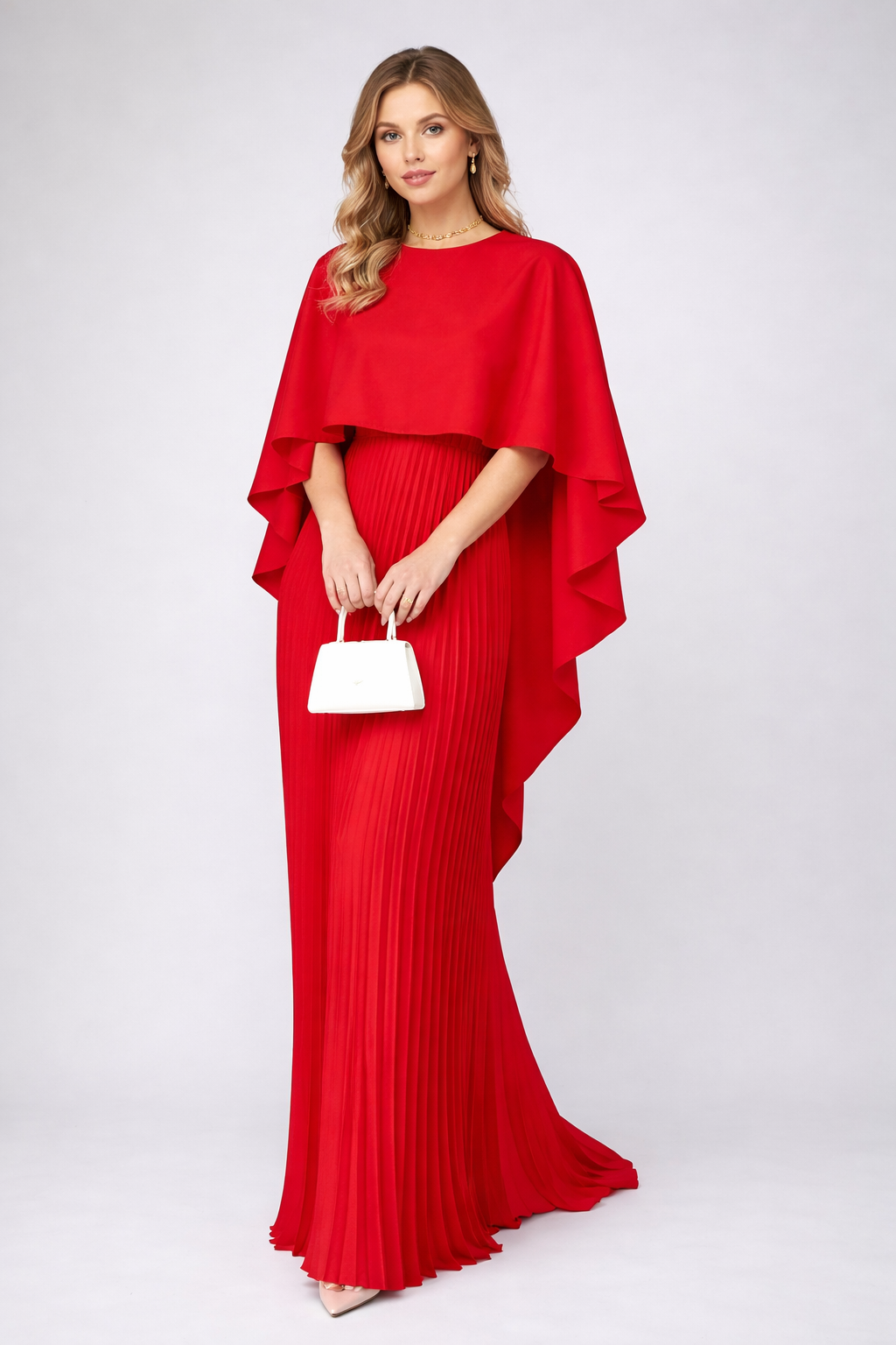 Relaxed fit women's maxi dress featuring a chic high neck and flowing pleats, suitable for elegant occasions.