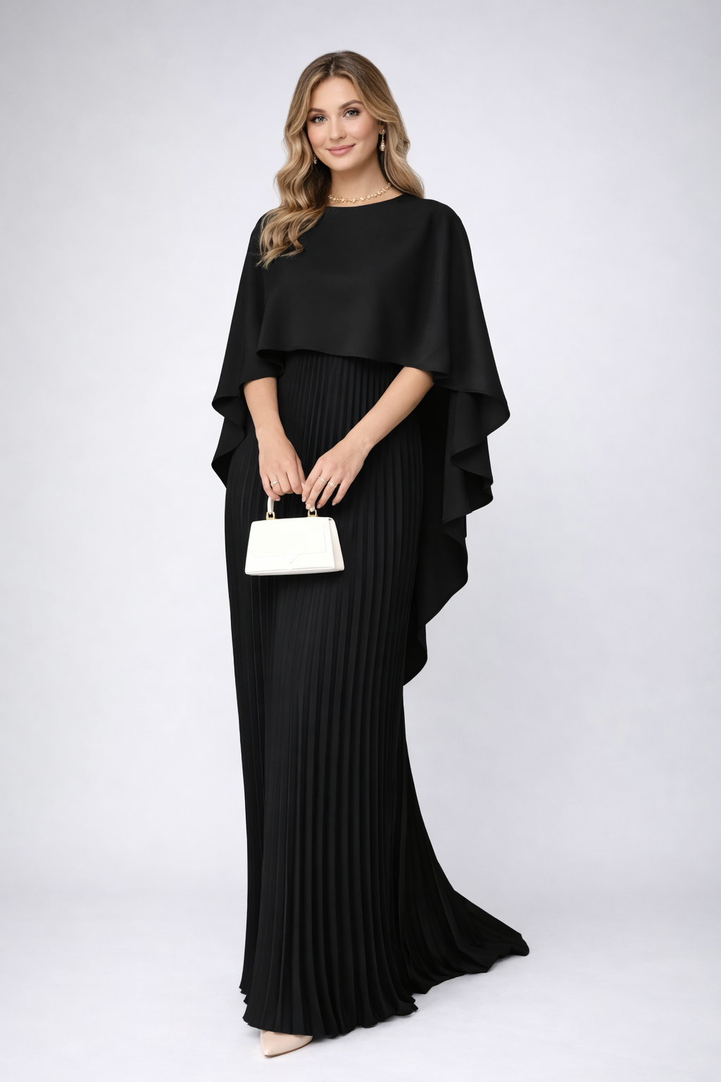 Women's long pleated high neck maxi dress in a sophisticated style, ideal for evening wear and parties.