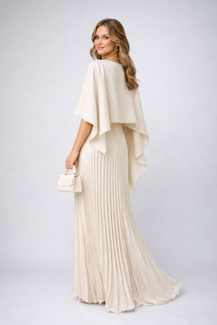 Formal women's high neck pleated maxi dress with elegant batwing sleeves, ideal for special occasion wear.