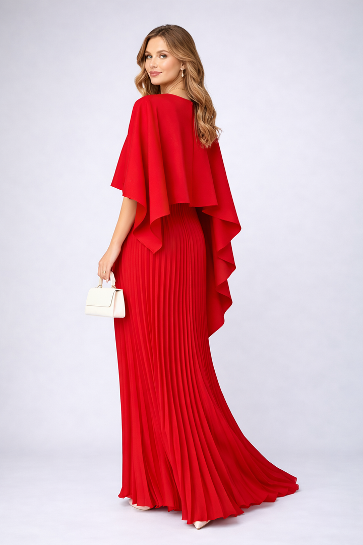 Long elegant women's maxi dress with a high neck and beautiful pleats, a comfortable relaxed fit for events.