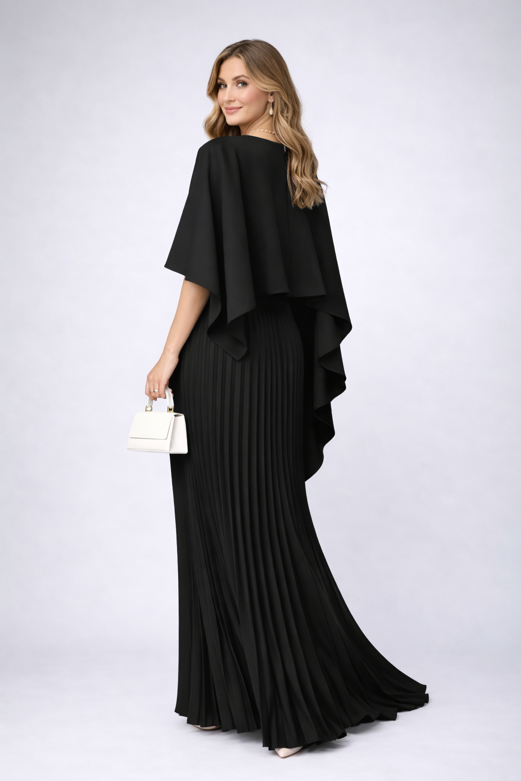 Stylish women's pleated maxi dress, high neck design for an elegant silhouette, perfect as a wedding guest dress.