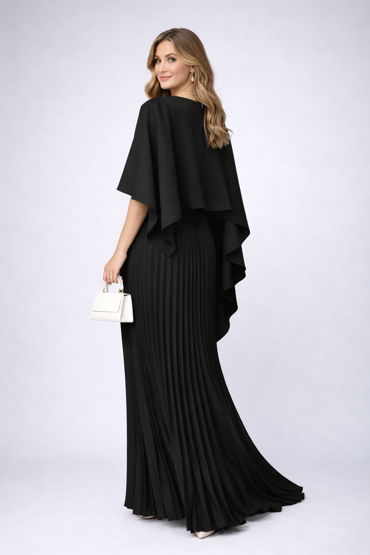 Stylish women's pleated maxi dress, high neck design for an elegant silhouette, perfect as a wedding guest dress.