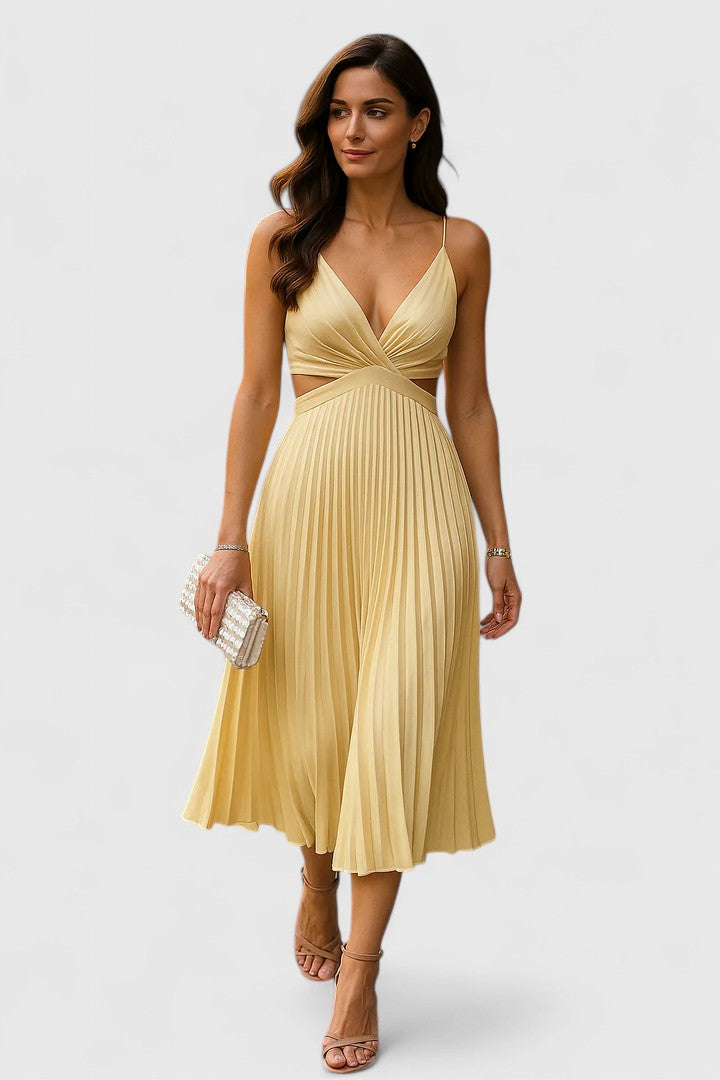 Classic sleeveless pleated wedding guest dress for women, a timeless and stylish choice.