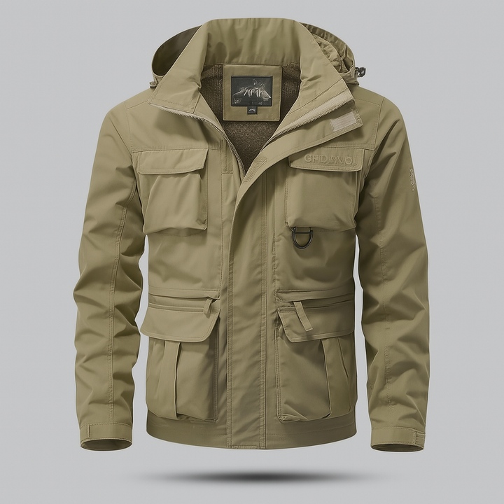 Rugged men's military utility jacket, waterproof & durable for autumn, winter, and spring outdoor activities.
