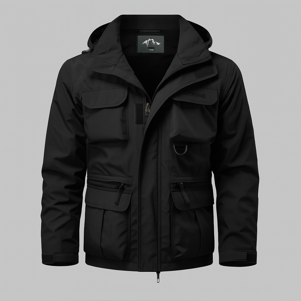 Men's waterproof military-style jacket, durable all-weather outerwear for outdoor and commuter protection.