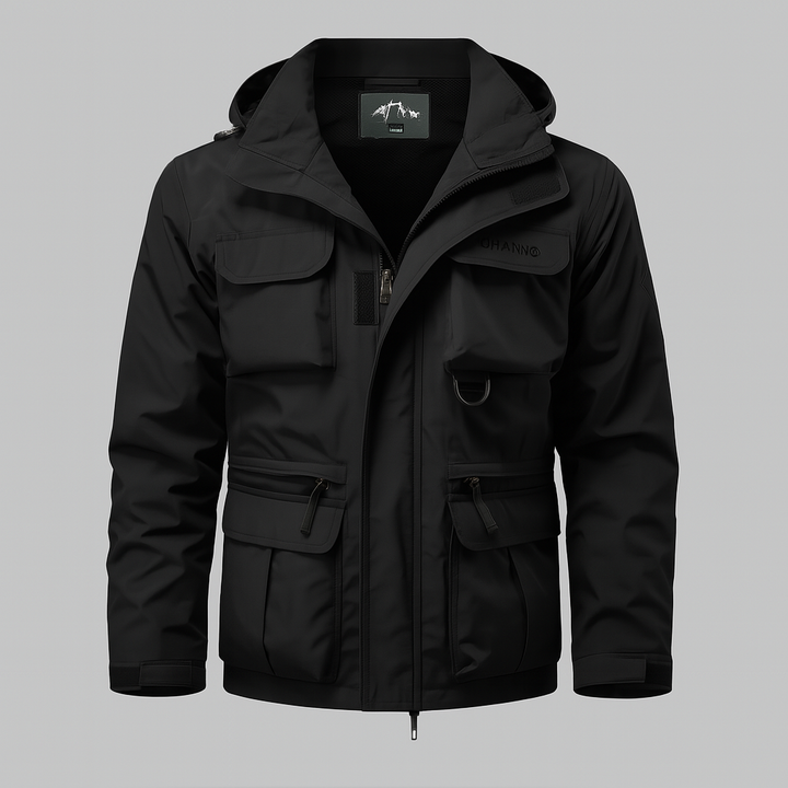 Men's waterproof military-style jacket, durable all-weather outerwear for outdoor and commuter protection.