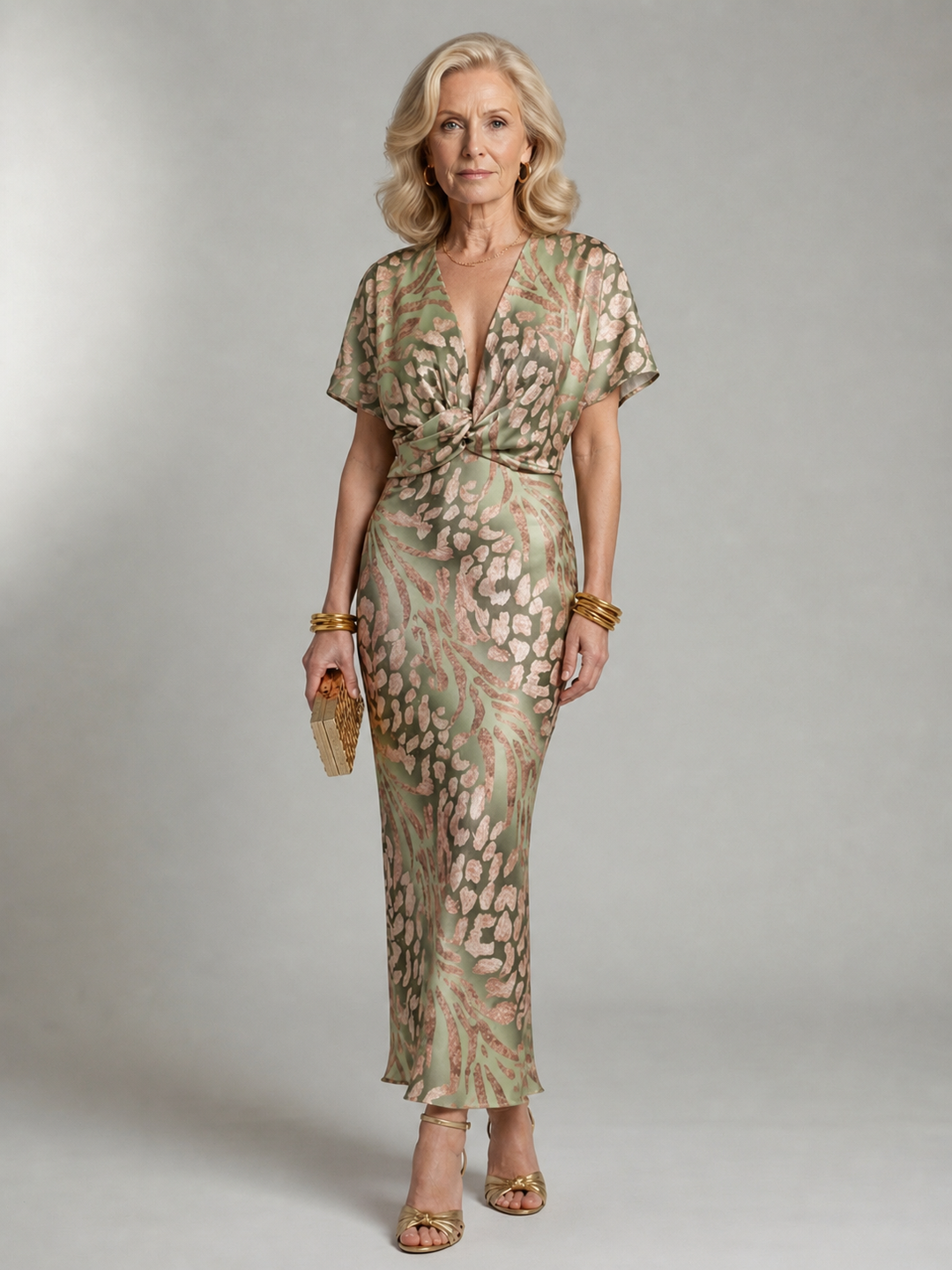 Green abstract print women's midi dress. Features a flattering twist waist, short sleeves, and a comfortable, versatile design.