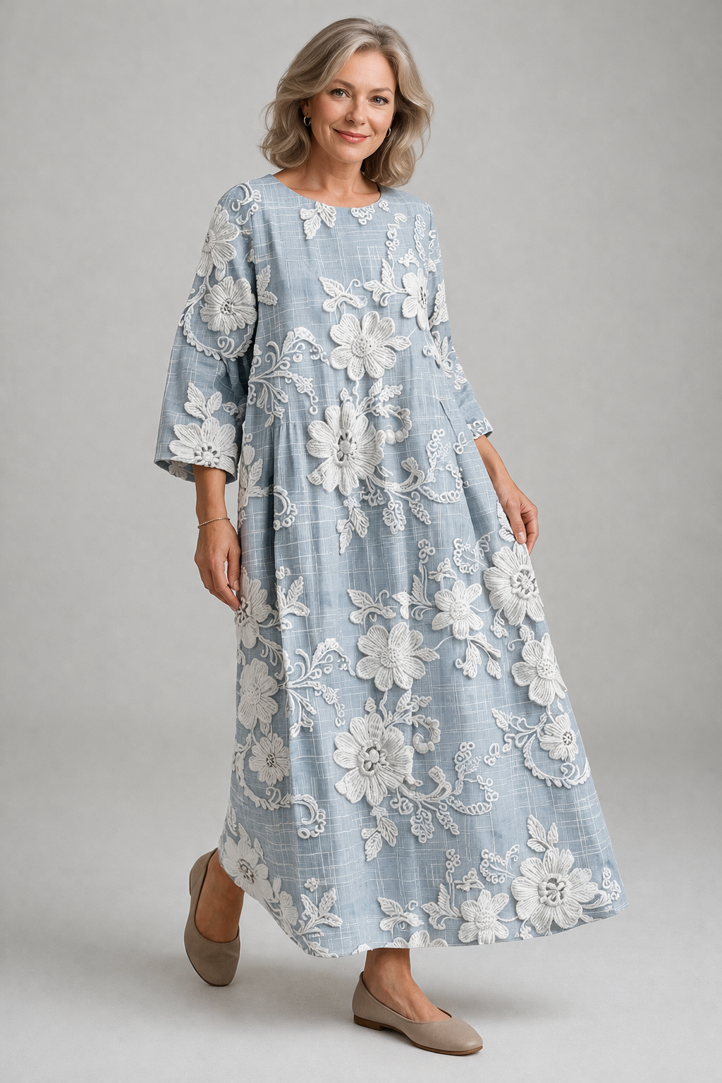 Vintage-style floral maxi dress, a comfortable and elegant choice for casual chic or summer events.