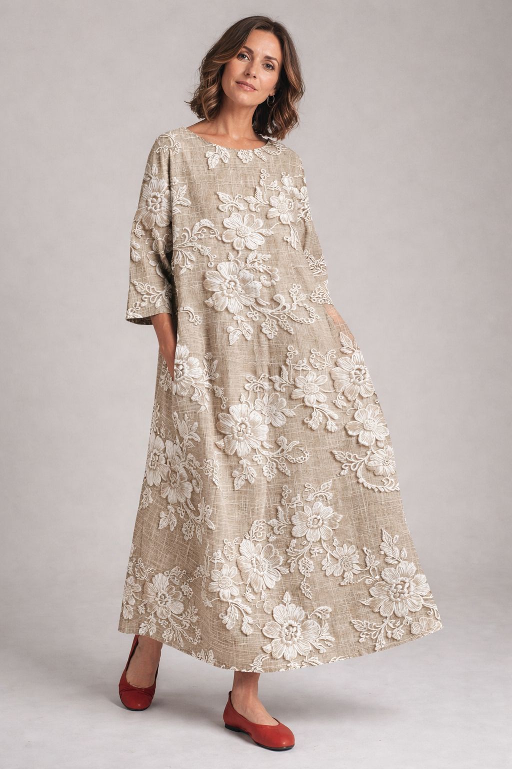 Elegant women's floral maxi dress with flowing 3/4 sleeves, ideal for spring & summer fashion.