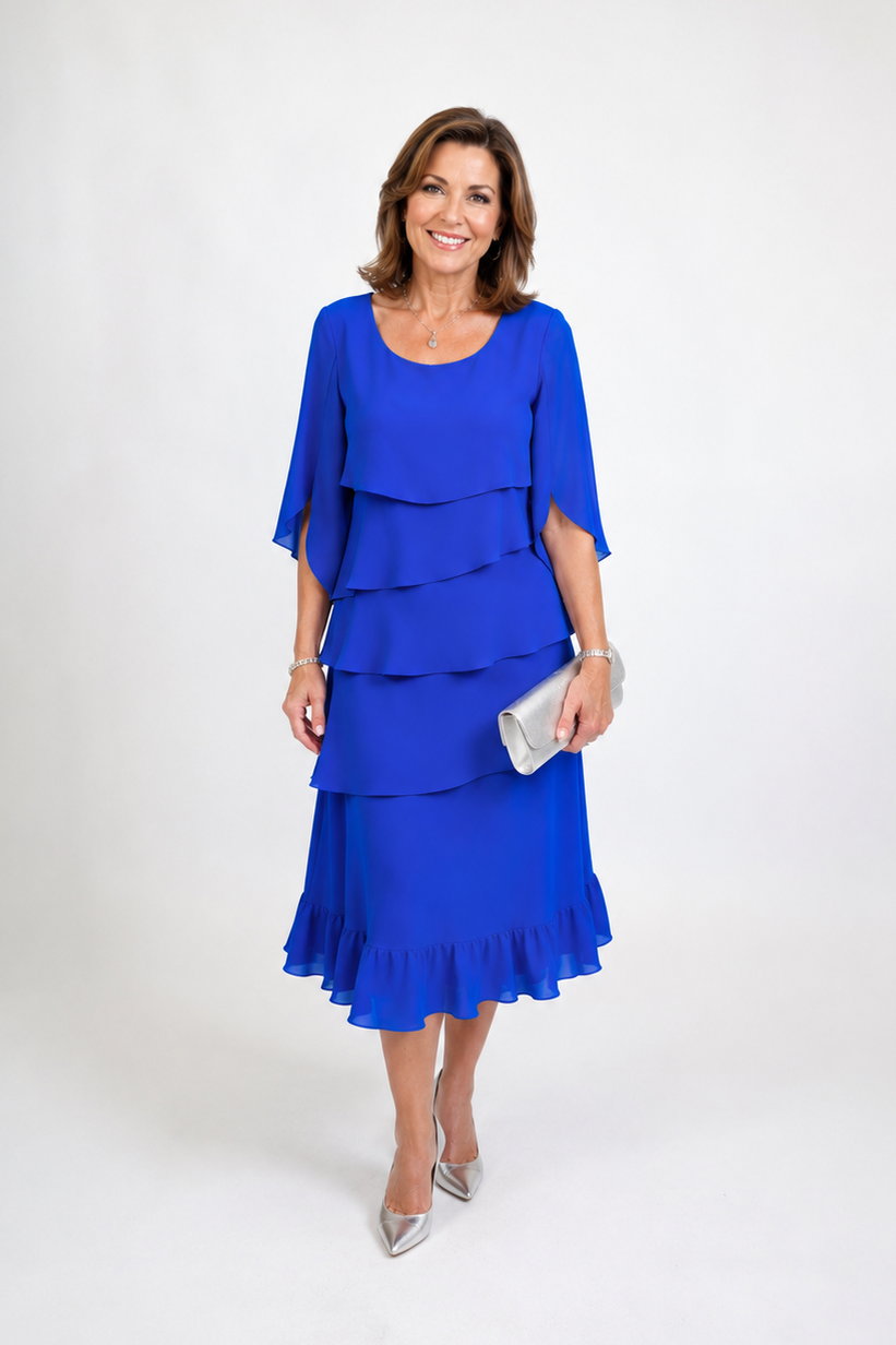 Stylish women's midi dress featuring elegant ruffles. An A-line design for comfortable and chic summer wear.