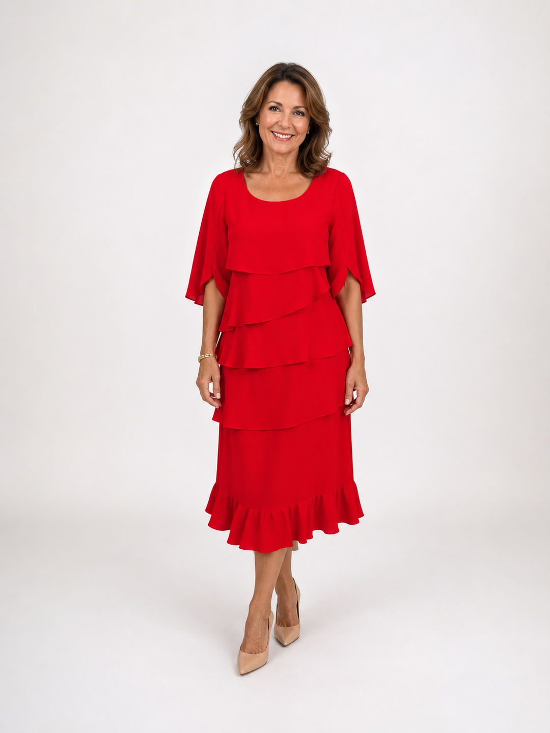 Women's elegant ruffle midi dress with A-line cut. Versatile for casual outings or chic summer events.
