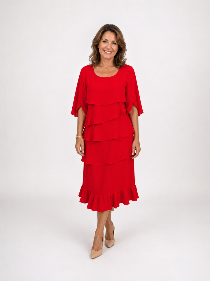 Women's elegant ruffle midi dress with A-line cut. Versatile for casual outings or chic summer events.