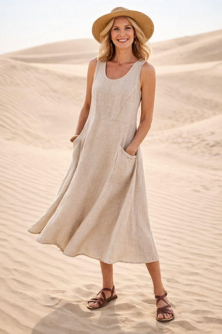 Soft, breathable fabric women's A-line midi dress, perfect for comfortable summer and everyday wear.