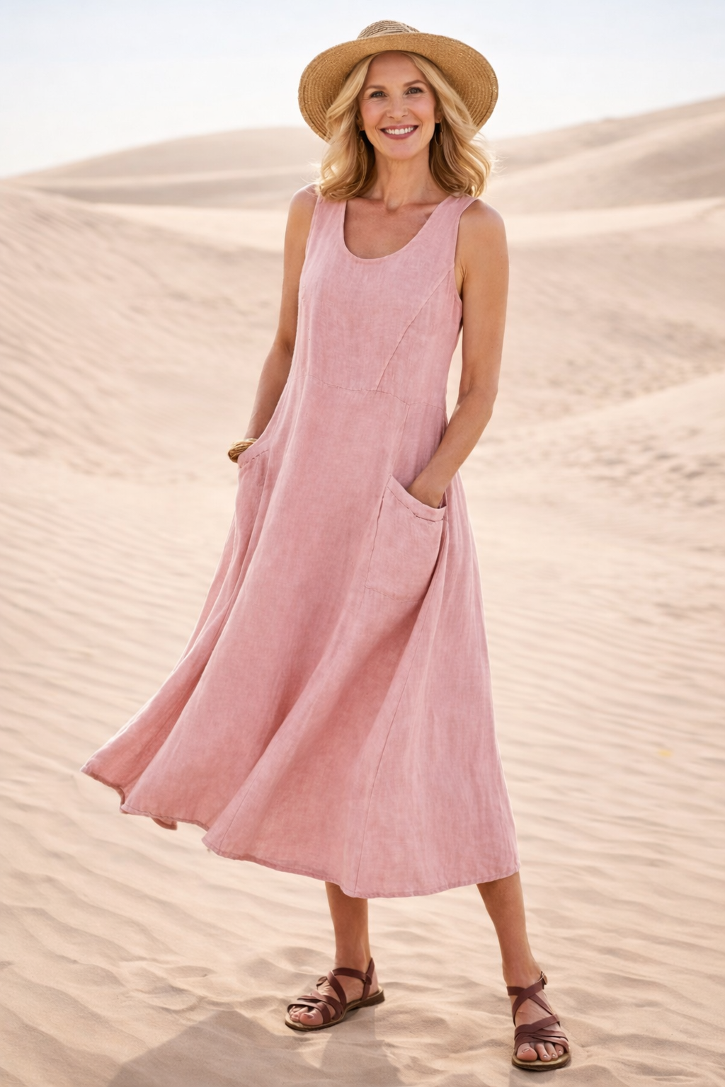 Women's comfortable sleeveless A-line midi dress for effortless casual summer everyday style.