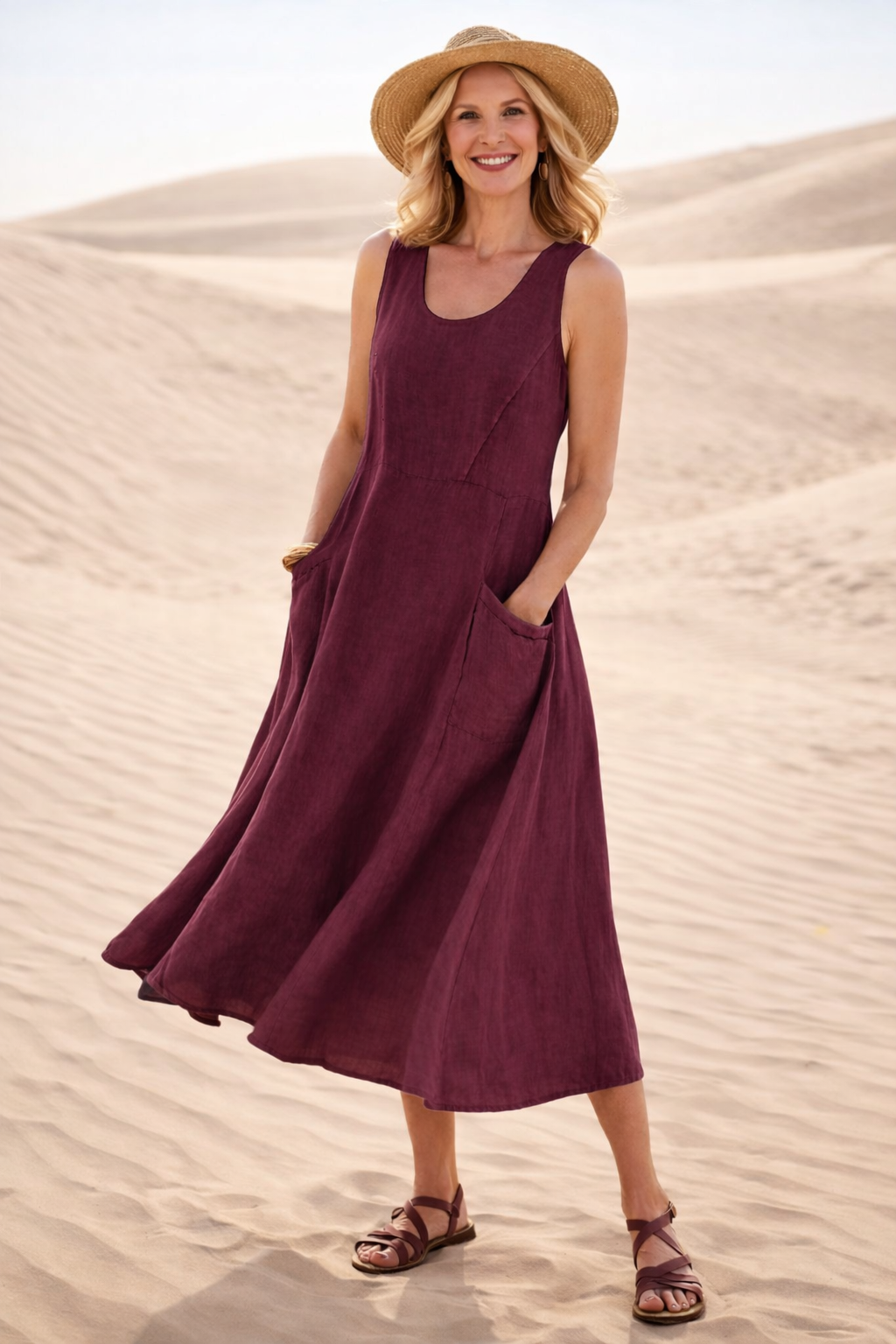 Stylish plus size A-line midi dress for women, offering a comfortable, flattering fit for all figures.