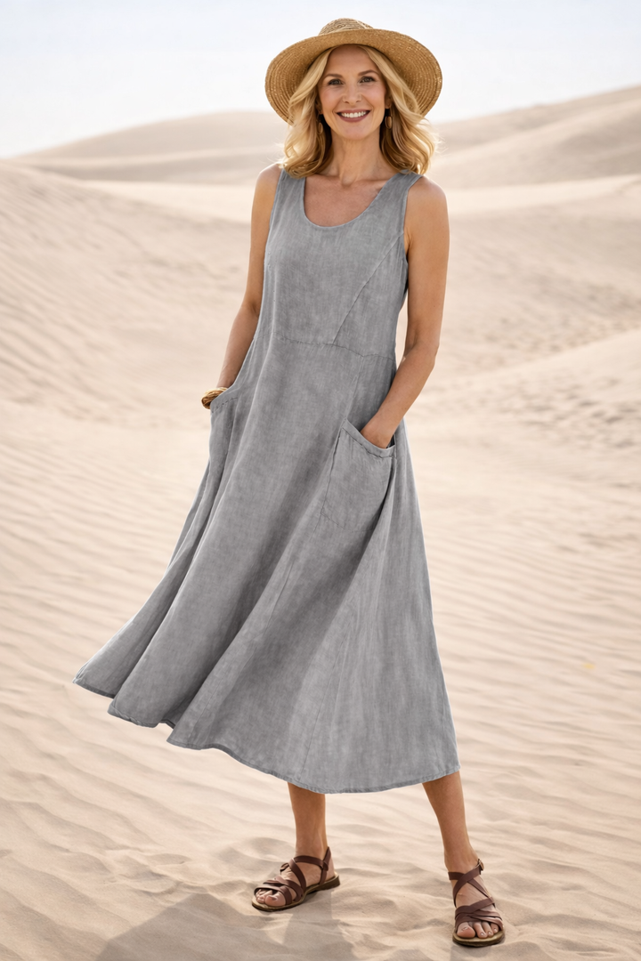 Effortless sleeveless A-line midi dress for women, ideal for casual outings, beach days, or daily wear.