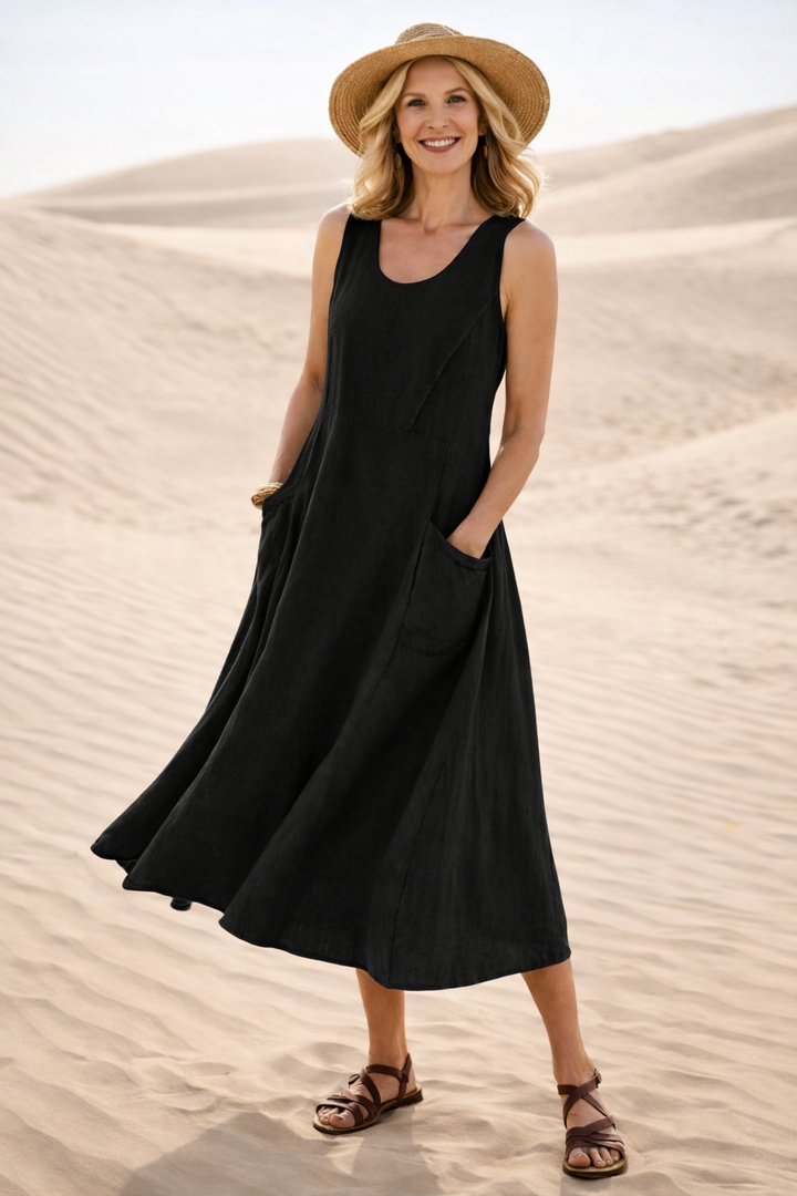 Modern women's comfortable A-line midi dress, designed for effortless style and everyday wearability.