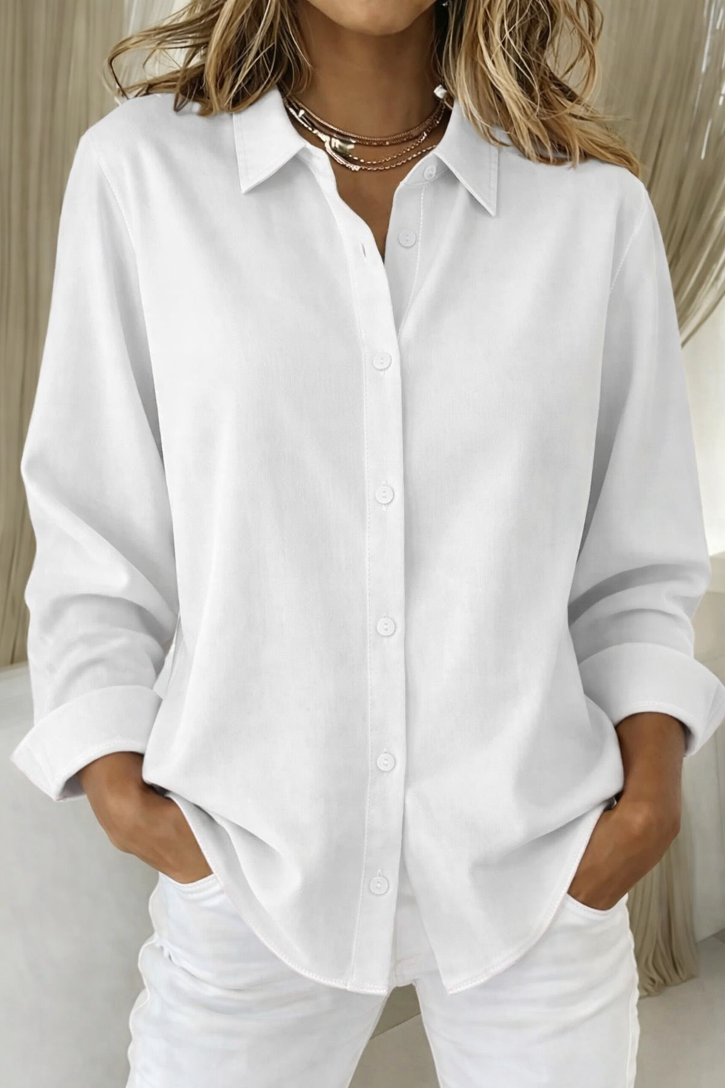 Stylish colorful women's button-down blouse, a comfy long sleeve top with a classic point collar.