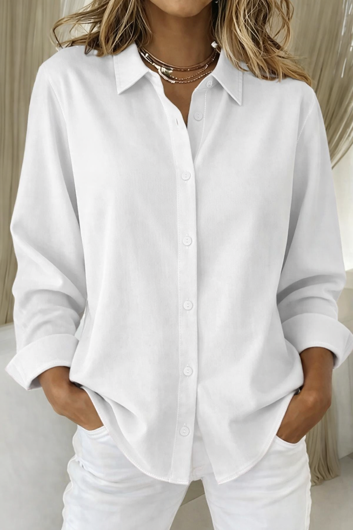 Stylish colorful women's button-down blouse, a comfy long sleeve top with a classic point collar.