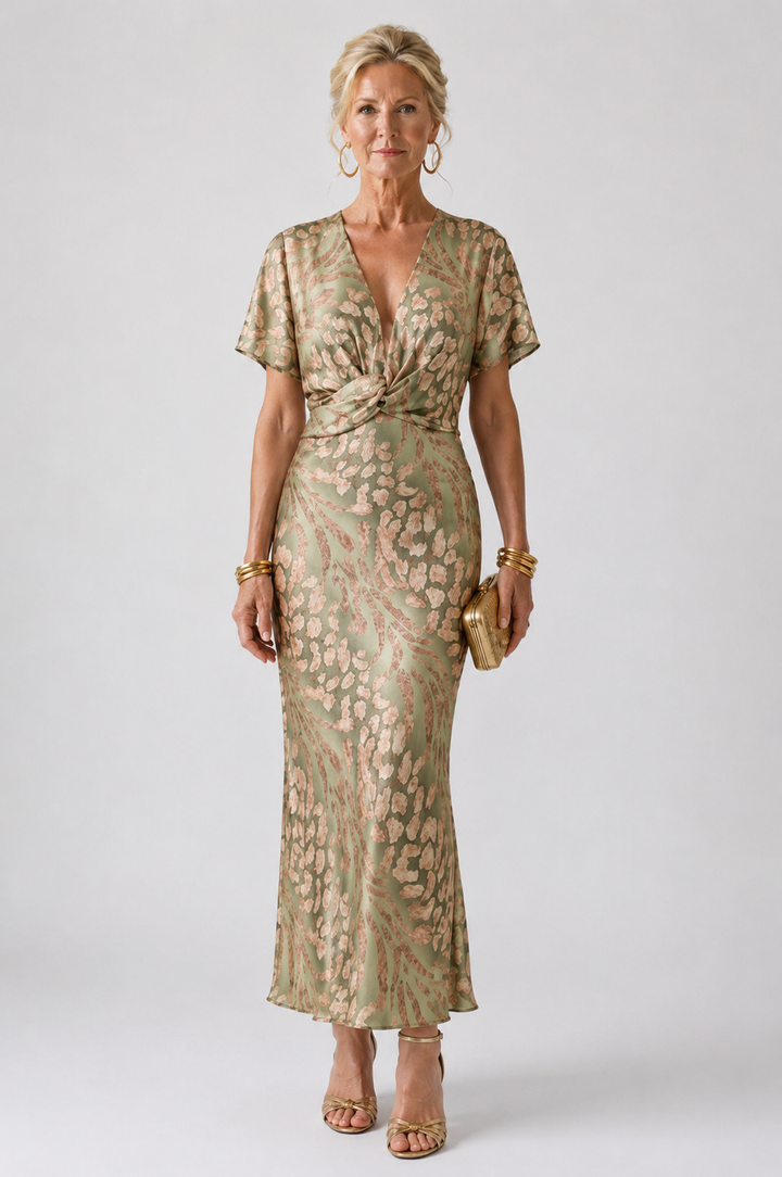 Women's elegant abstract print midi dress with a stylish twist waist, V-neck, and short sleeves. Perfect for day or evening.
