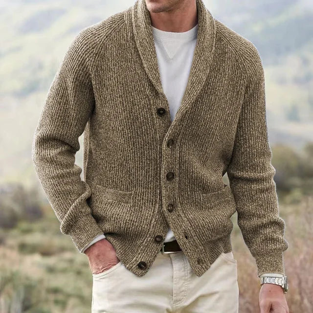 Stylish men's shawl collar cardigan sweater in a classic knit, ideal for smart casual and everyday layering. Menswear essential.