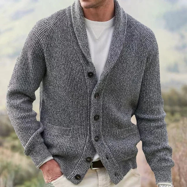 Warm men's knit shawl collar cardigan, perfect for smart casual layering. Versatile button-front sweater for menswear.