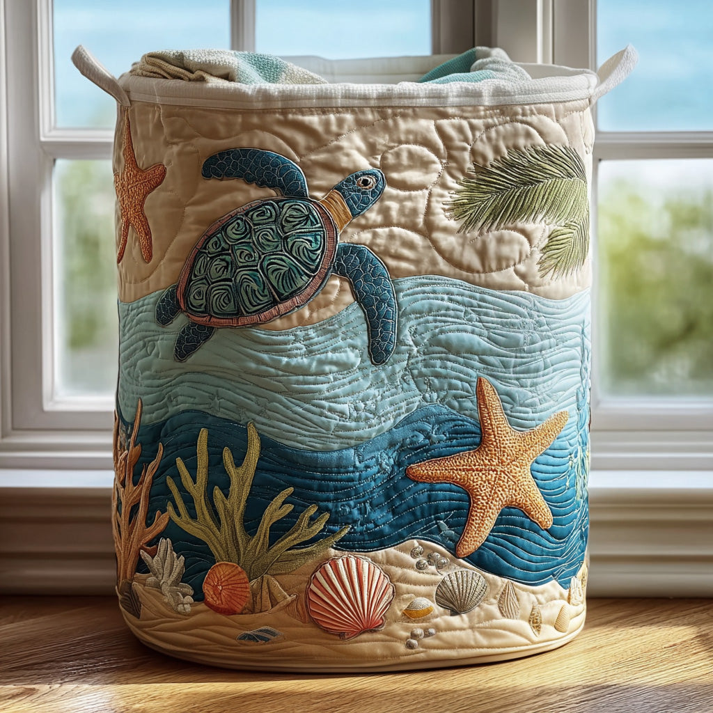 Coastal Harmony quilted laundry basket for home organization. Durable, foldable storage solution for bedroom & bathroom decor.