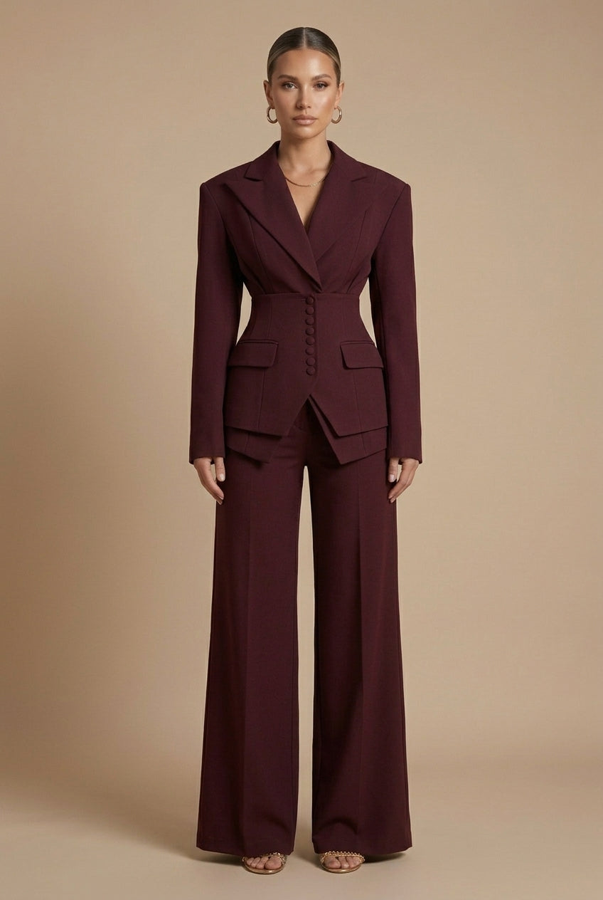 Women's tailored two-piece suit featuring a peaked lapel blazer & wide-leg pants for an elegant look.