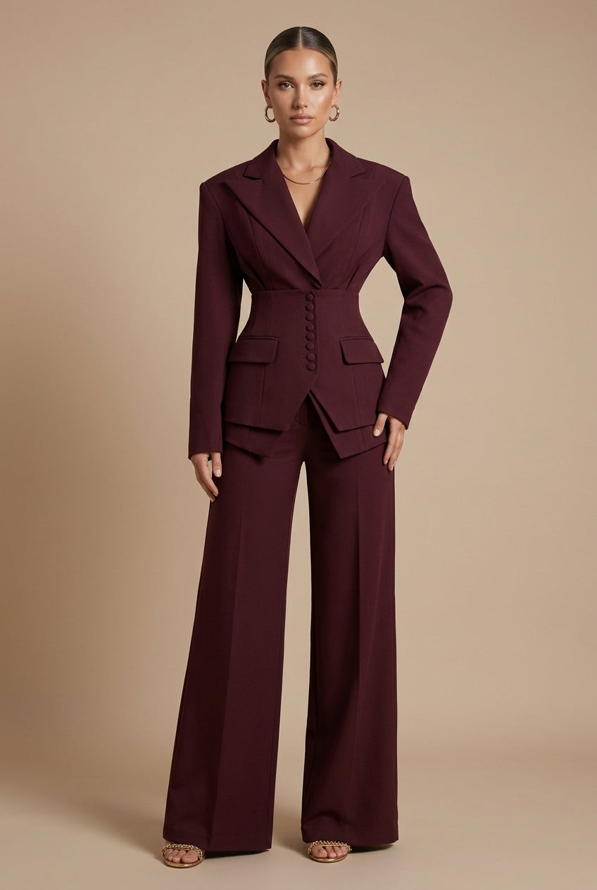 Professional women's business attire: tailored two-piece suit, peaked lapel blazer & wide-leg pants for office fashion.