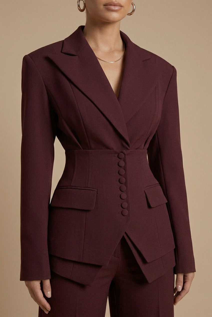 Elegant women's tailored set; stylish peaked lapel blazer and wide-leg trousers, ideal for formal wear.