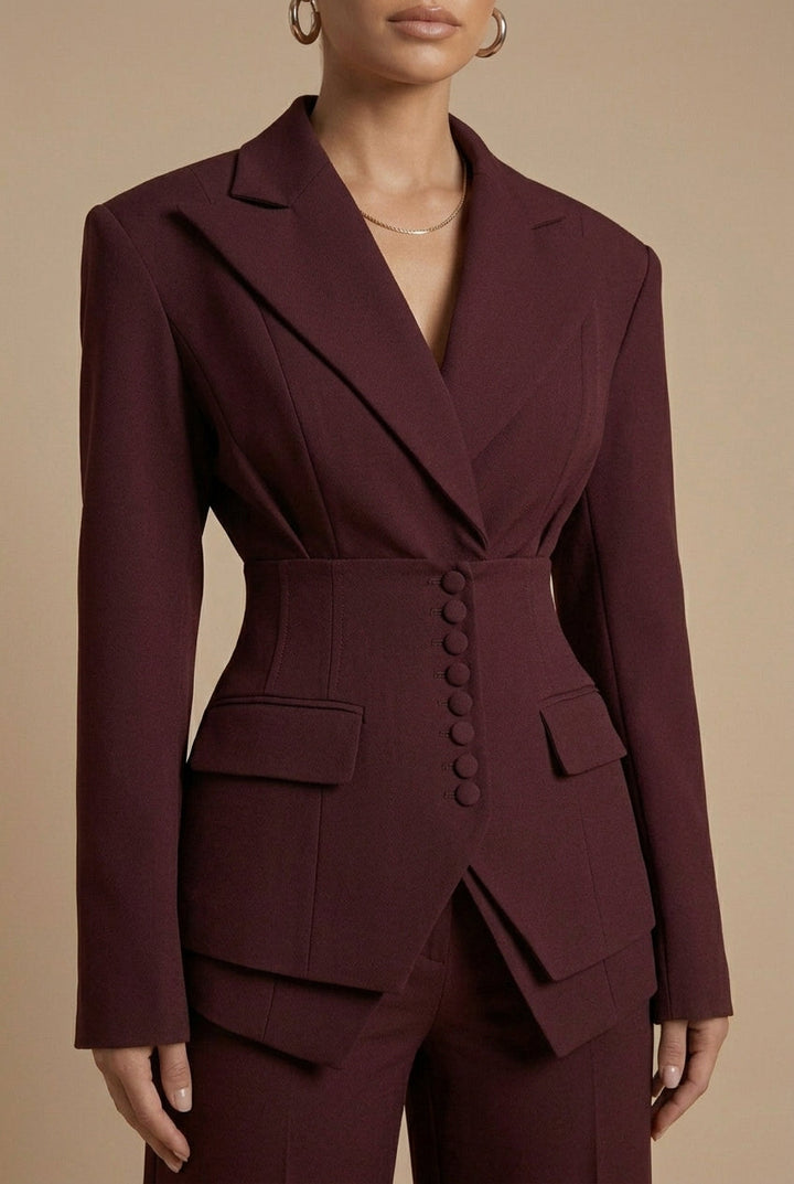 Elegant women's tailored set; stylish peaked lapel blazer and wide-leg trousers, ideal for formal wear.