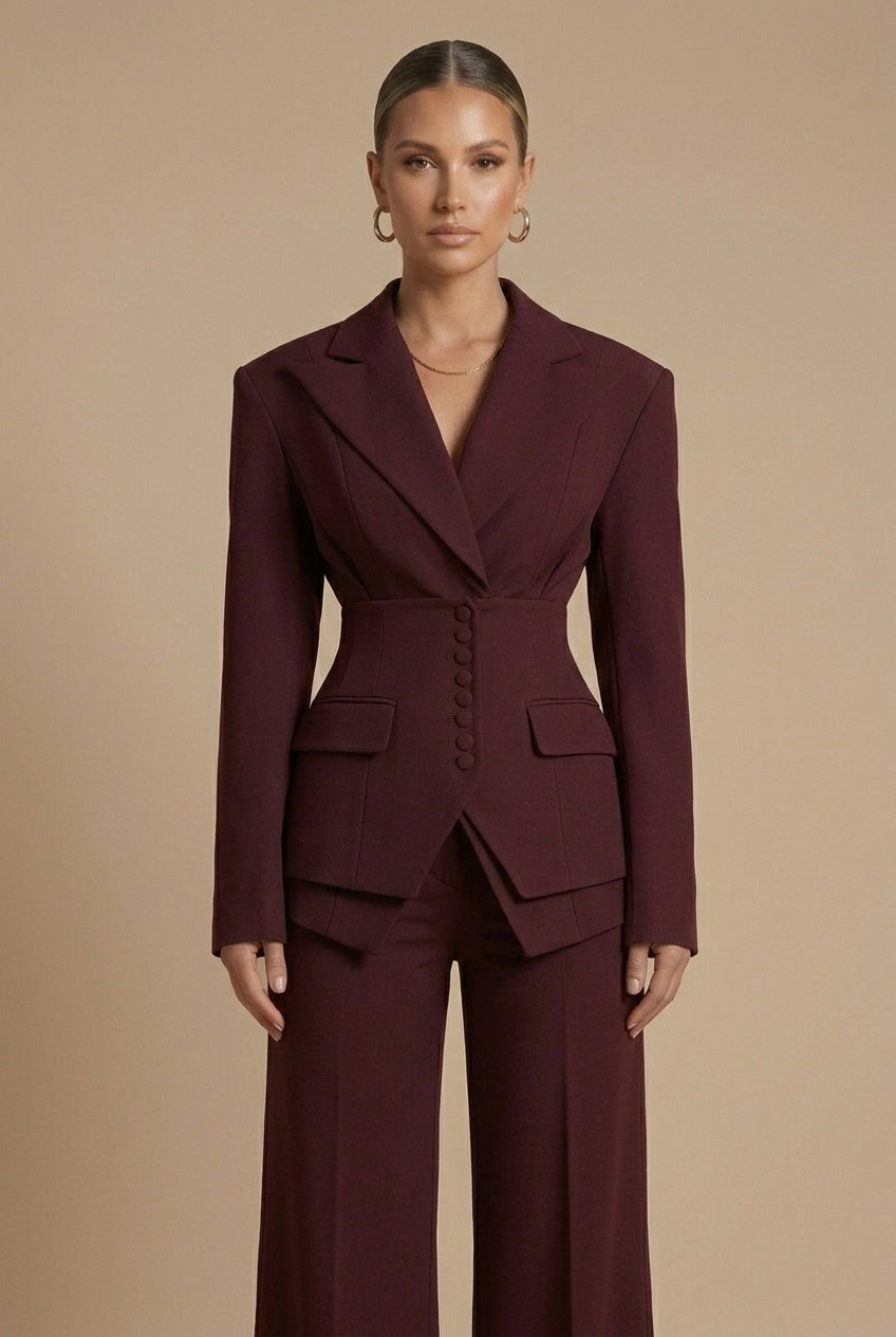 Full view of a women's two-piece suit: a sophisticated tailored blazer & wide-leg pants ensemble for any event.