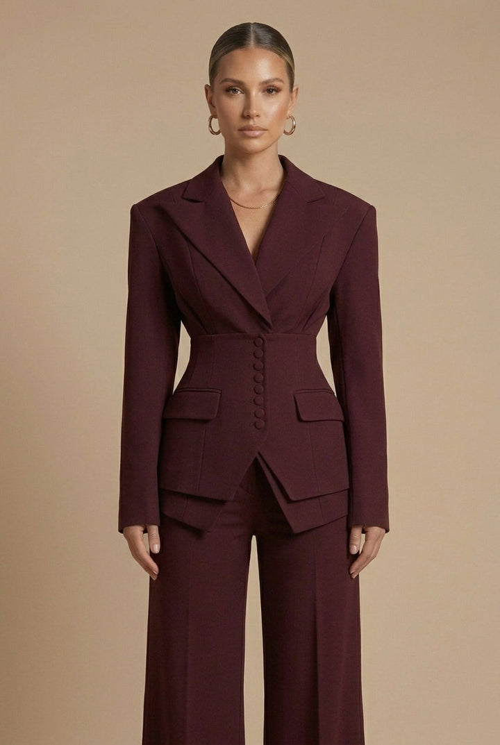 Full view of a women's two-piece suit: a sophisticated tailored blazer & wide-leg pants ensemble for any event.